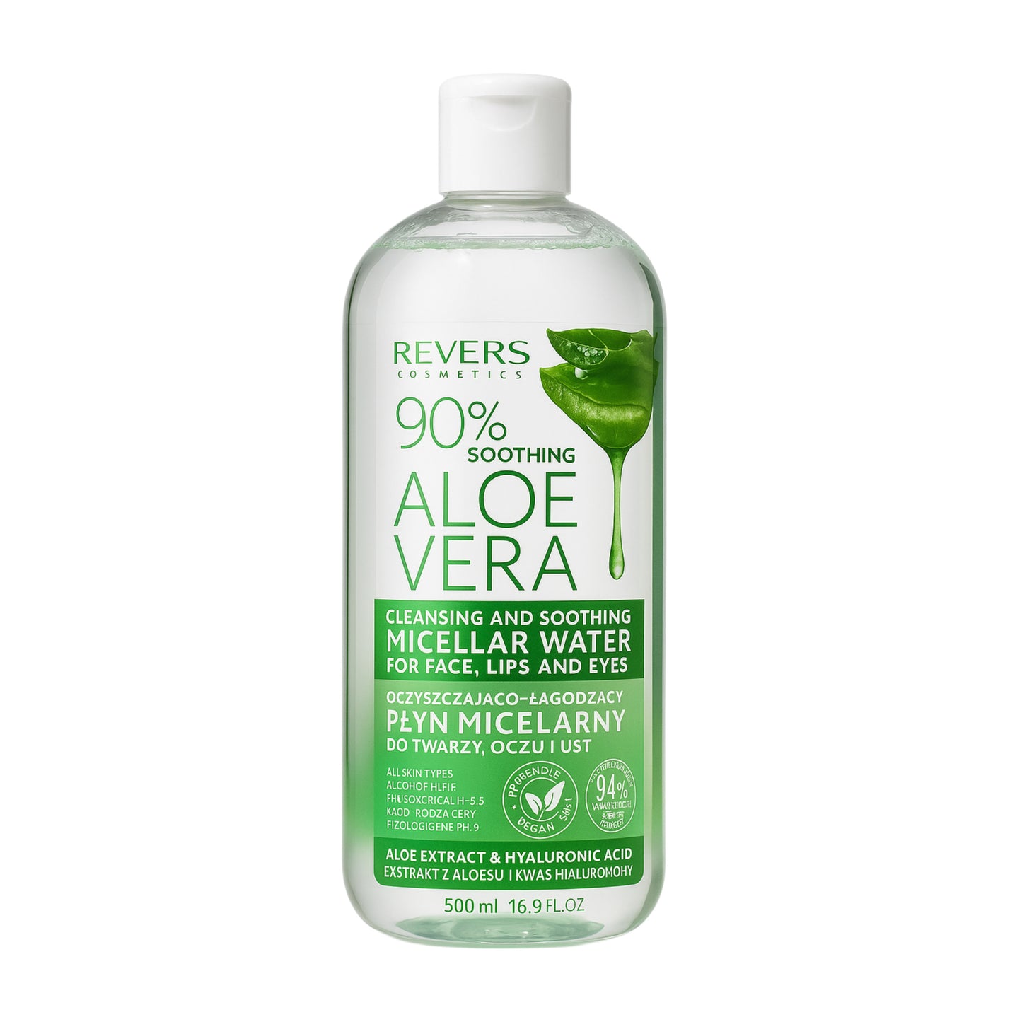 Apă micelară calmantă cu Aloe Vera 90% – REVERS COSMETICS (500 ml)