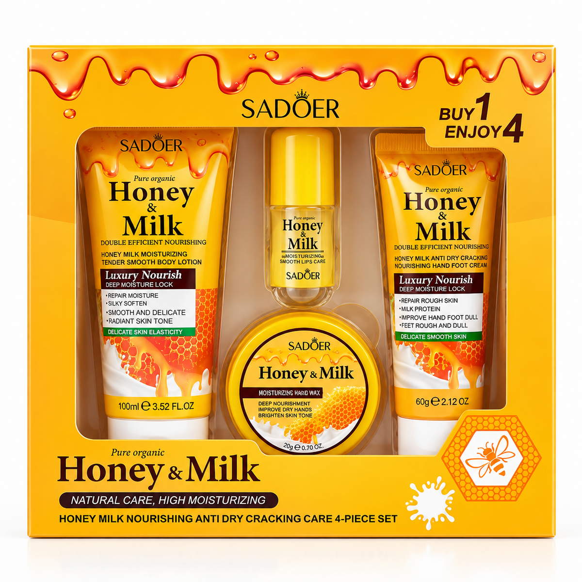 SADOER Honey & Milk – Set Cadou 4 Produse cu Miere și Lapte pentru Corp, Mâini și Buze