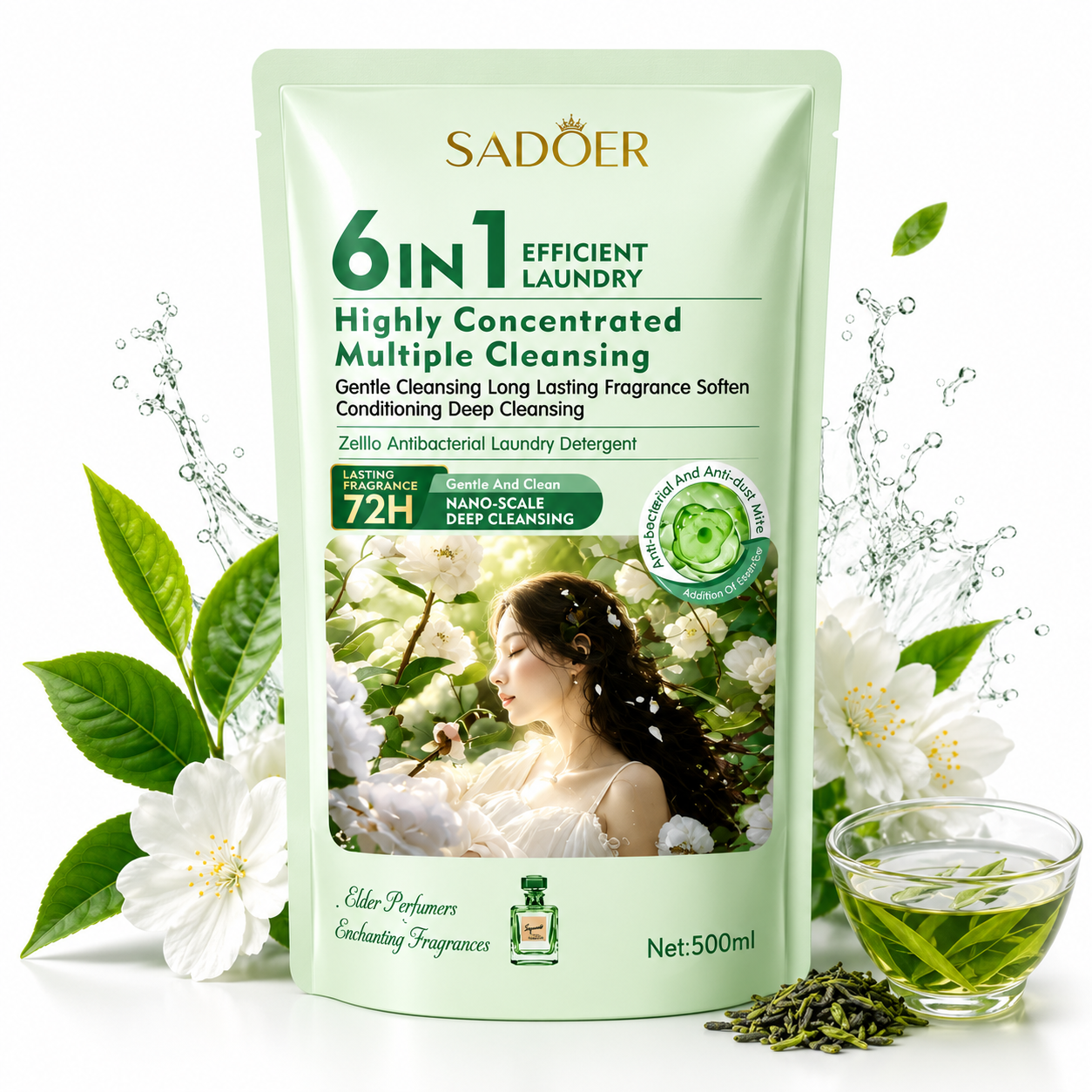 SADOER DETERGENT LICHID PENTRU RUFE SADOER 6 ÎN 1 REZERVĂ CU PARFUM DE CEAI VERDE 500 ML SD49223