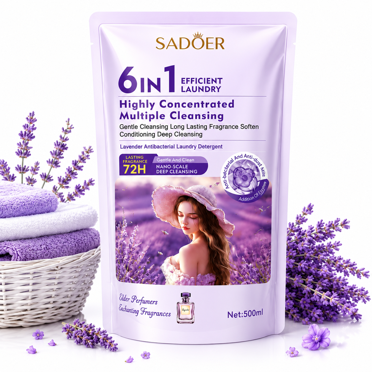 SADOER DETERGENT LICHID PENTRU RUFE SADOER 6 ÎN 1 REZERVĂ CU PARFUM DE LAVANDĂ ȘI PARFUM 500 ML SD49209
