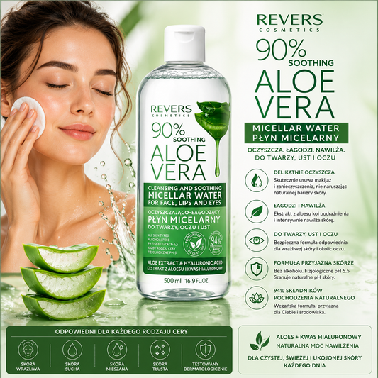 Успокояваща мицеларна вода с Алое Вера 90% – REVERS COSMETICS (500 мл)