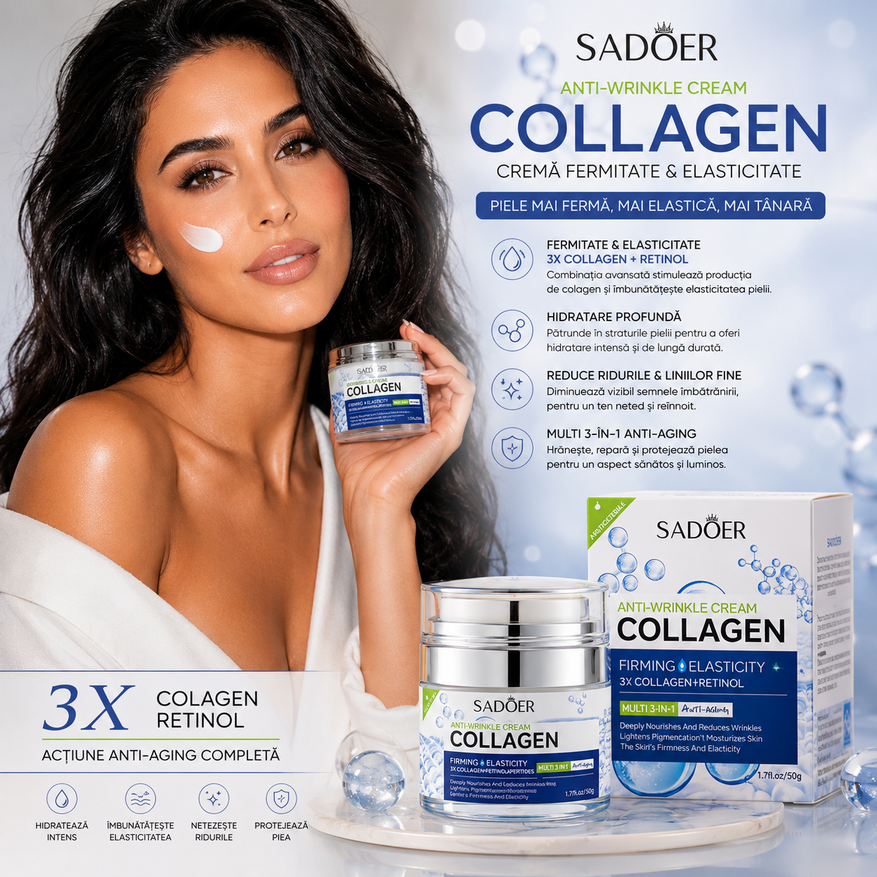 Крем против бръчки с колаген и ретинол – Sadoer Anti-Wrinkle Cream Collagen 3x Collagen + Retinol (Мулти 3 в 1) SD02389