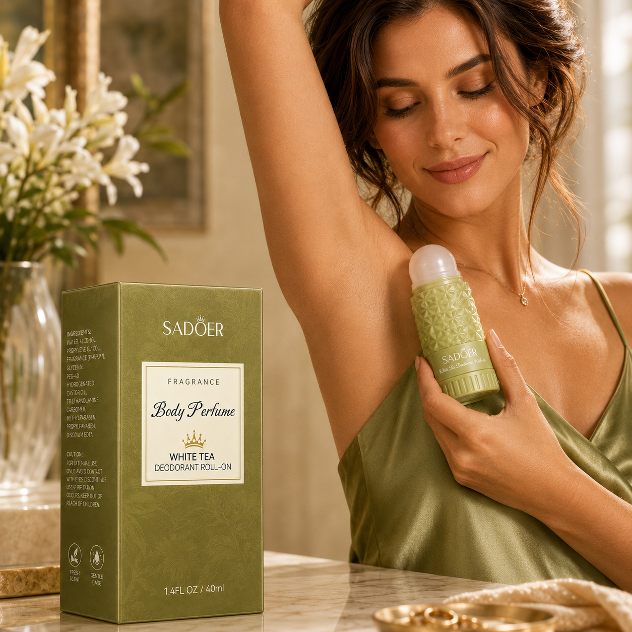 SADOER FRAGRANCE BODY PERFUME WHITE TEA DEODORANT ROLL-ON 40ML