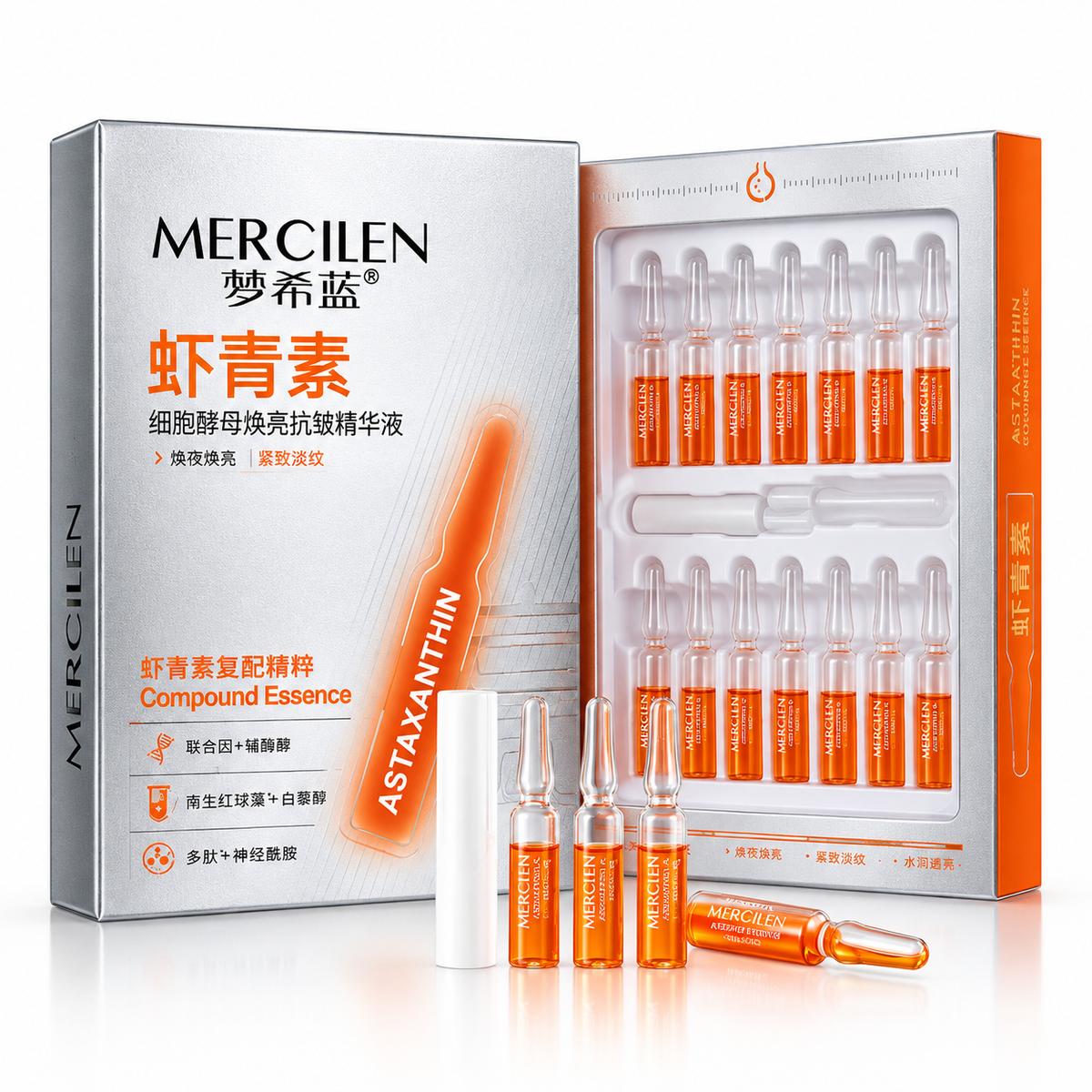 MERCILEN Ser Facial Concentrat cu Astaxantină – Compound Essence în Fiole pentru Hidratare, Fermitate și Îngrijire Anti-Aging – MXL5139