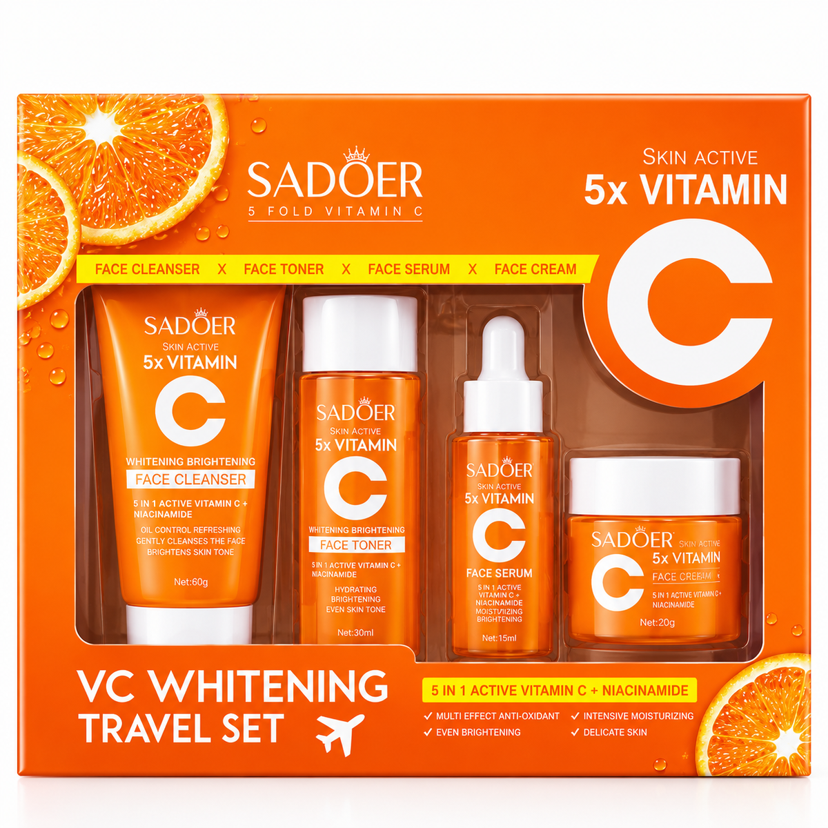 SADOER 5x Vitamin C + Niacinamide – Set Îngrijire Ten 4 Produse, Cleanser, Toner, Serum și Cremă