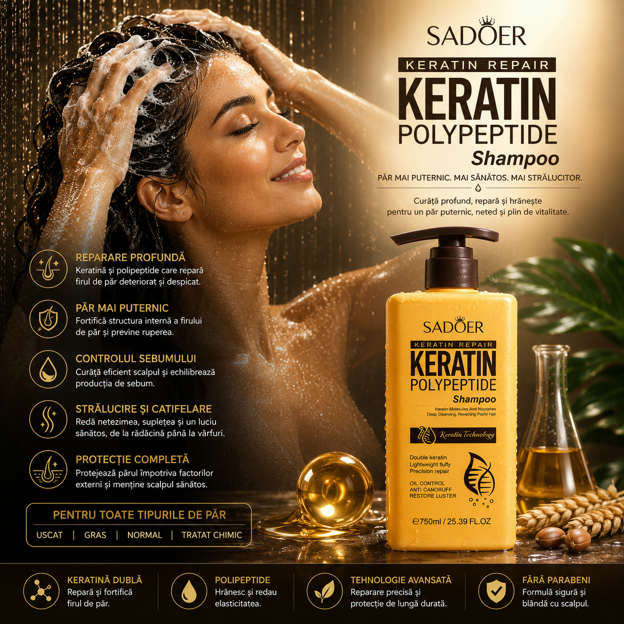 Repairing shampoo with keratin and polypeptides – SADOER Keratin Polypeptide Shampoo 750 ml SD14061