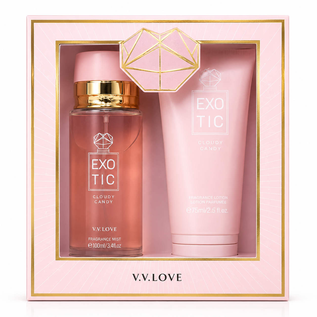 V.V.LOVE EXOTIC CLOUDY CANDY ПОДАРЪЧЕН КОМПЛЕКТ Ароматен спрей за тяло 100 мл + Ароматен лосион за тяло 75 мл.