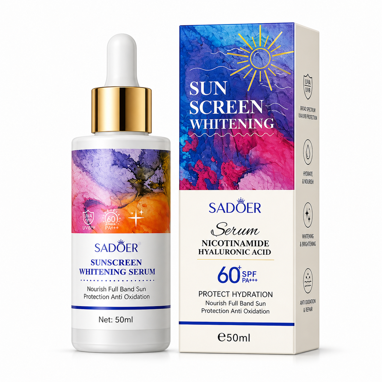 SADOER Sunscreen Whitening Serum Nicotinamide Hyaluronic Acid SPF 60+ PA+++ 50ml SD50042