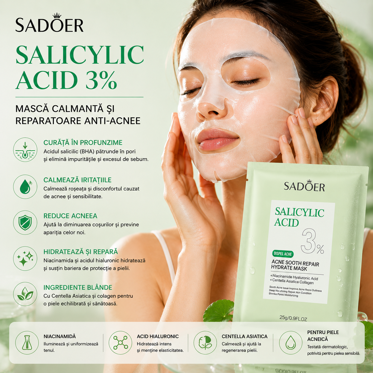 SADOER facial mask with salicylic acid – cleansing, soothing, regenerating and hydrating. SD12630