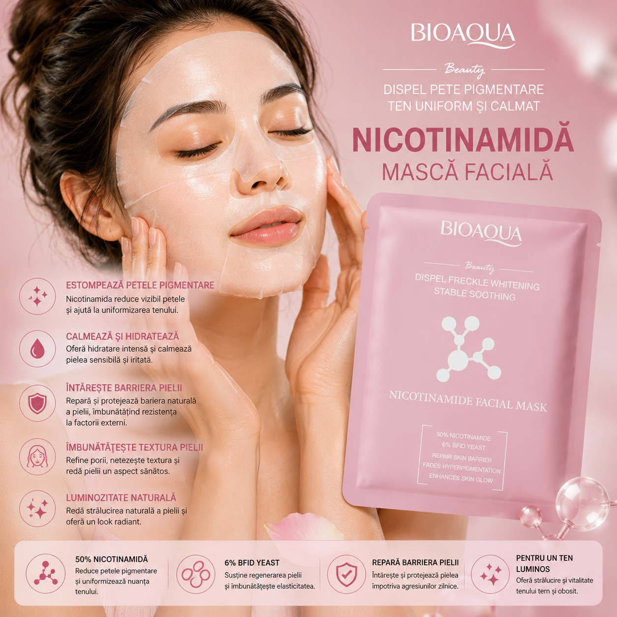 Изсветляваща и успокояваща маска за лице Bioaqua Никотинамид BQY08145