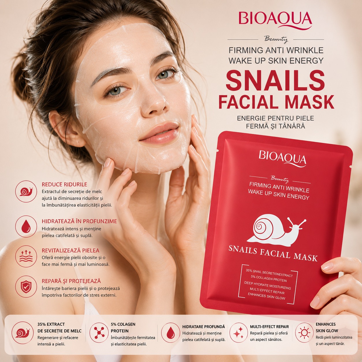 Masca facială Bioaqua cu extract de melc  BQY08169