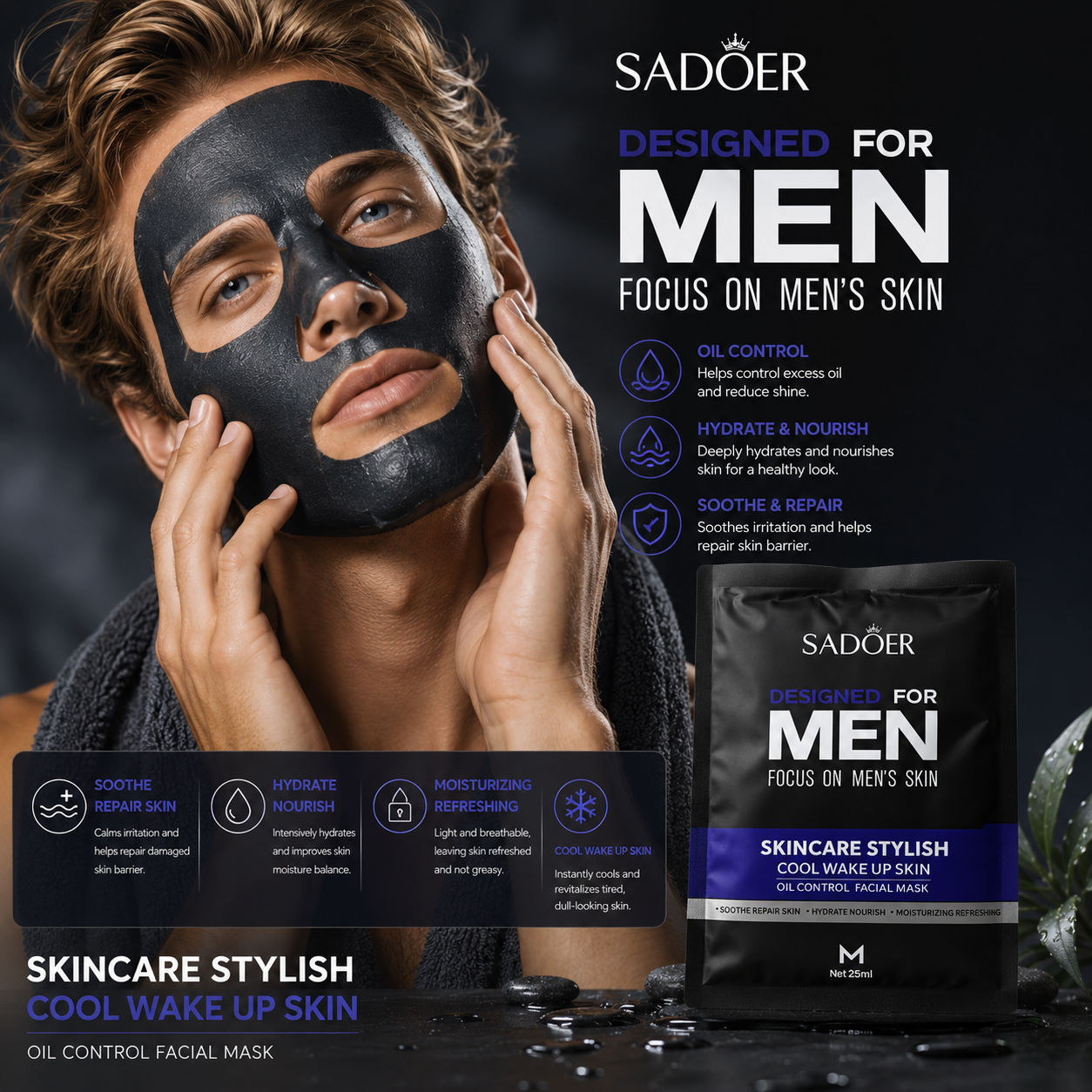 SADOER Facial Mask for Men – Oil Control &amp; Cool Wake Up Skin, 25 ml