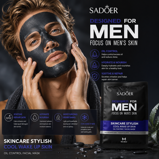 Mască Facială SADOER pentru Bărbați – Oil Control & Cool Wake Up Skin, 25 ml