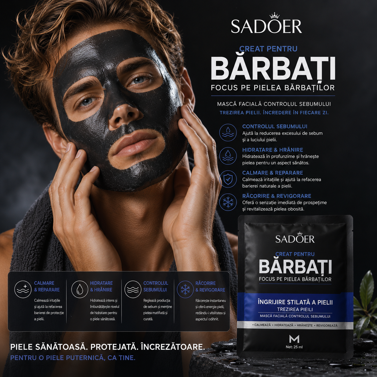 SADOER Facial Mask for Men – Oil Control &amp; Cool Wake Up Skin, 25 ml