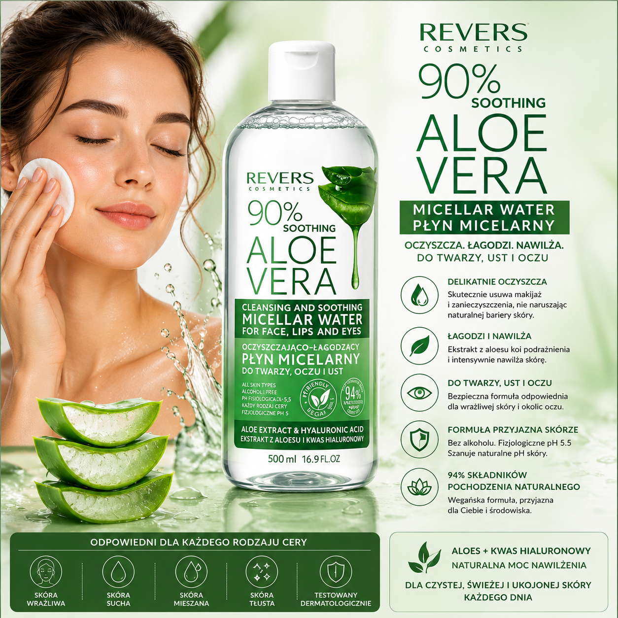 Apă micelară calmantă cu Aloe Vera 90% – REVERS COSMETICS (500 ml)