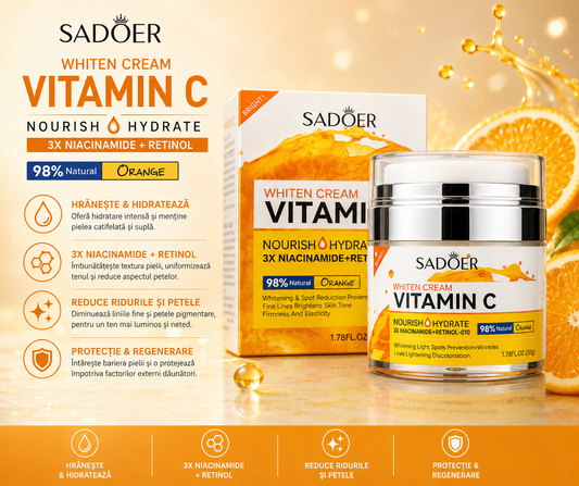 Cremă iluminatoare și hidratantă cu vitamina C – Sadoer Vitamin C Whiten Cream 3x Niacinamide + Retinol + Q10 (98% natural) SD02396