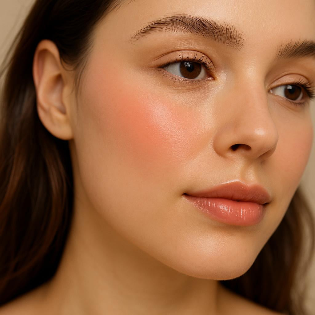 A close-up shot of the 3Q Beauty Liquid Blusher Cheek NOBL096 applied on the cheeks of a model with a natural makeup look, soft lighting highlighting the dewy finish, with a blurred neutral background.