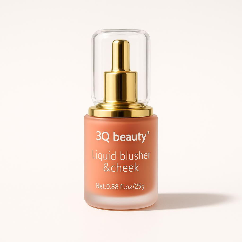 A studio image showing the liquid blusher bottle standing upright on a minimalist white surface, with a soft shadow beneath, emphasizing its sleek design and vibrant color.