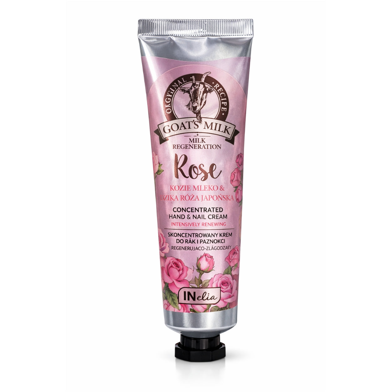 INelia Goat's Milk Rose hand and nail cream tube with floral design, import cosmetics